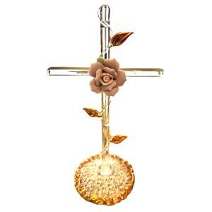 Glass CROSS w/Porcelain Pink Rose and Gold Leaves -‎ Handblown and Knitted Glass